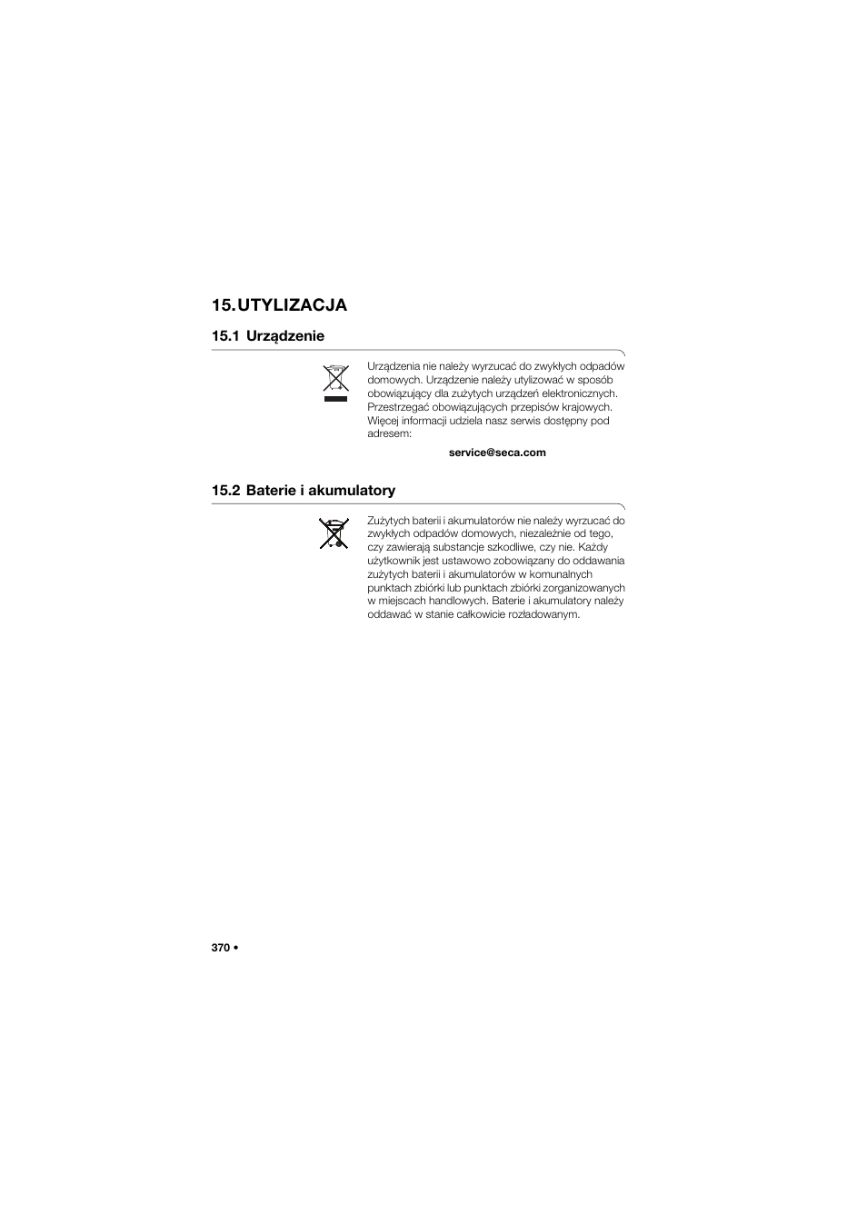 Utylizacja, 1 urządzenie, 2 baterie i akumulatory | Seca 665 User Manual | Page 370 / 377