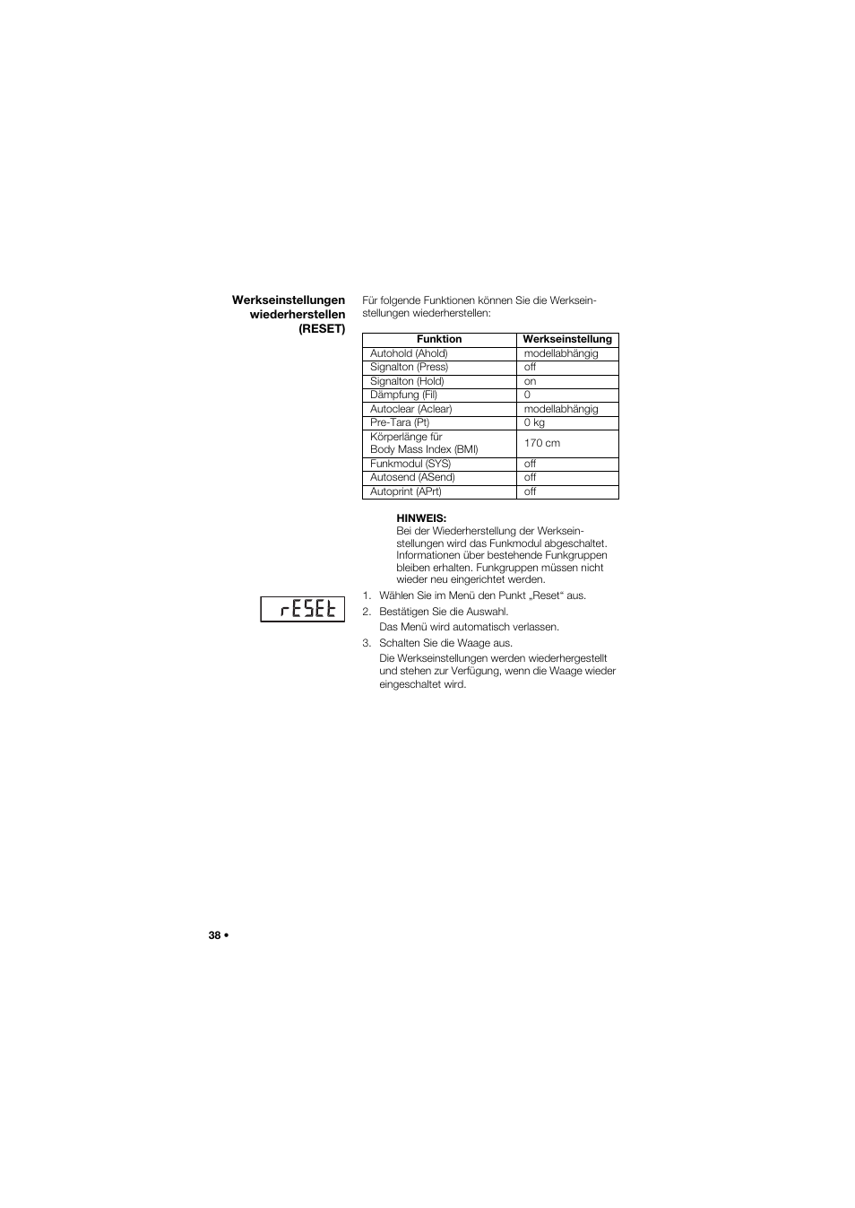 Werkseinstellungen wiederherstellen (reset) | Seca 665 User Manual | Page 38 / 377