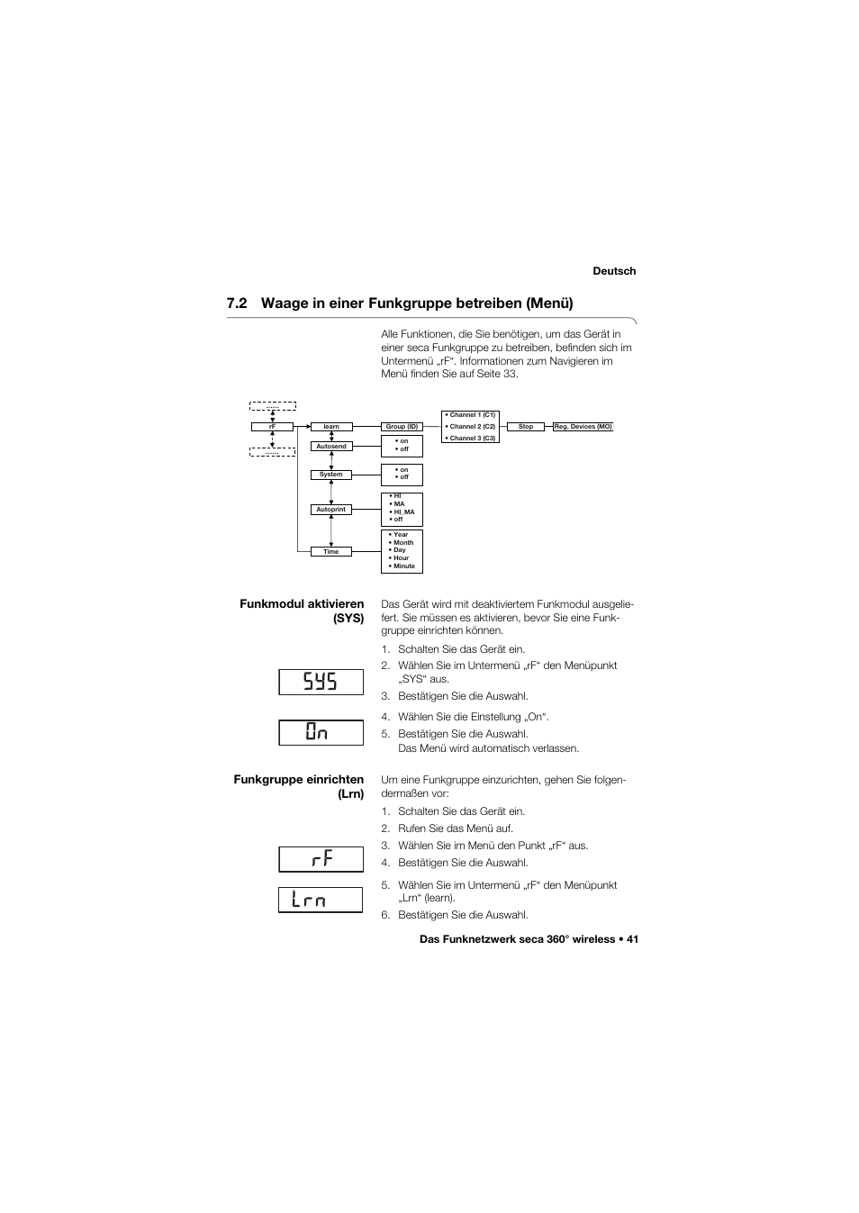 2 waage in einer funkgruppe betreiben (menü), Funkmodul aktivieren (sys), Funkgruppe einrichten (lrn) | 2 waage in einer, Funkgruppe betreiben (menü) | Seca 665 User Manual | Page 41 / 377