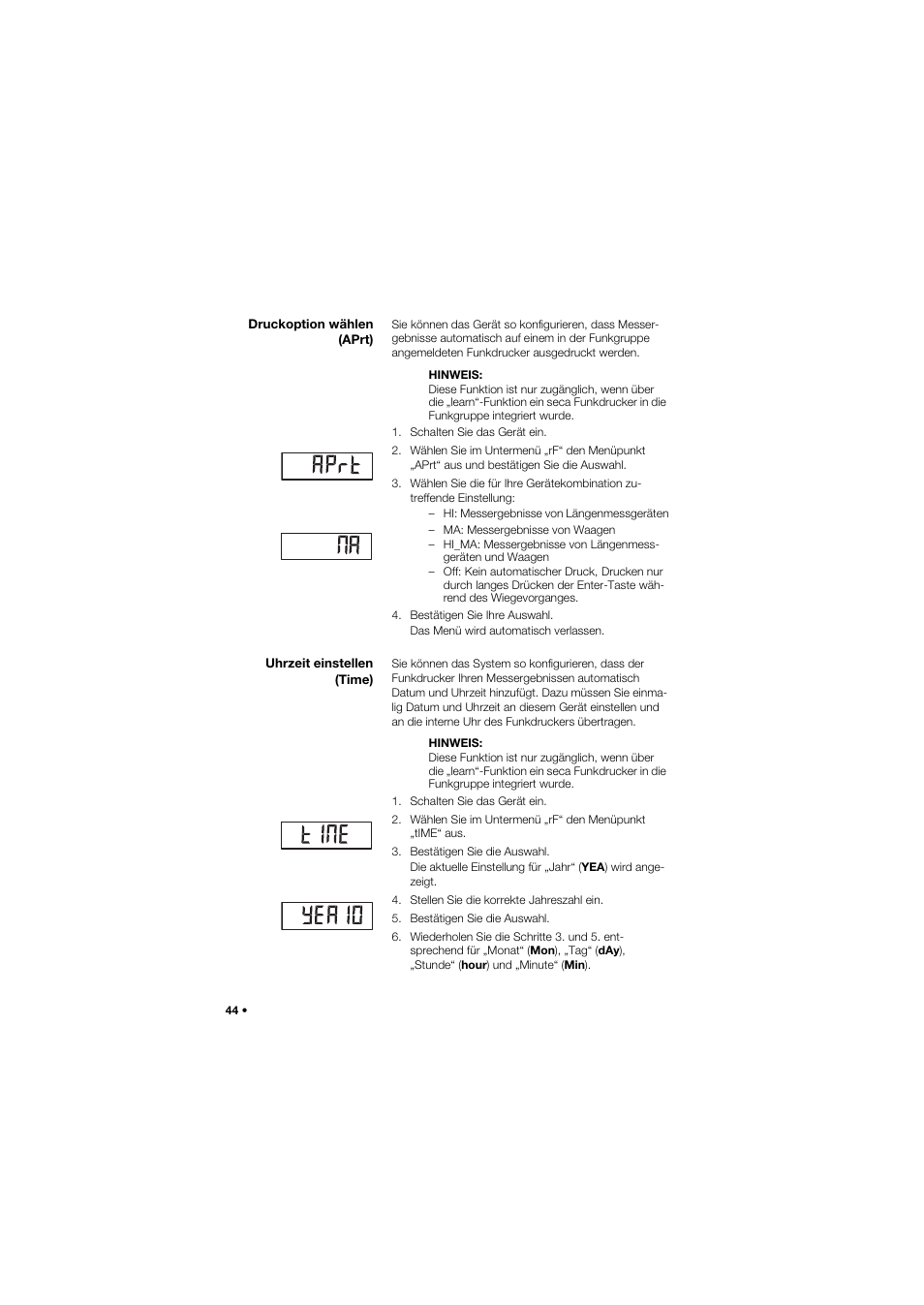 Druckoption wählen (aprt), Uhrzeit einstellen (time) | Seca 665 User Manual | Page 44 / 377