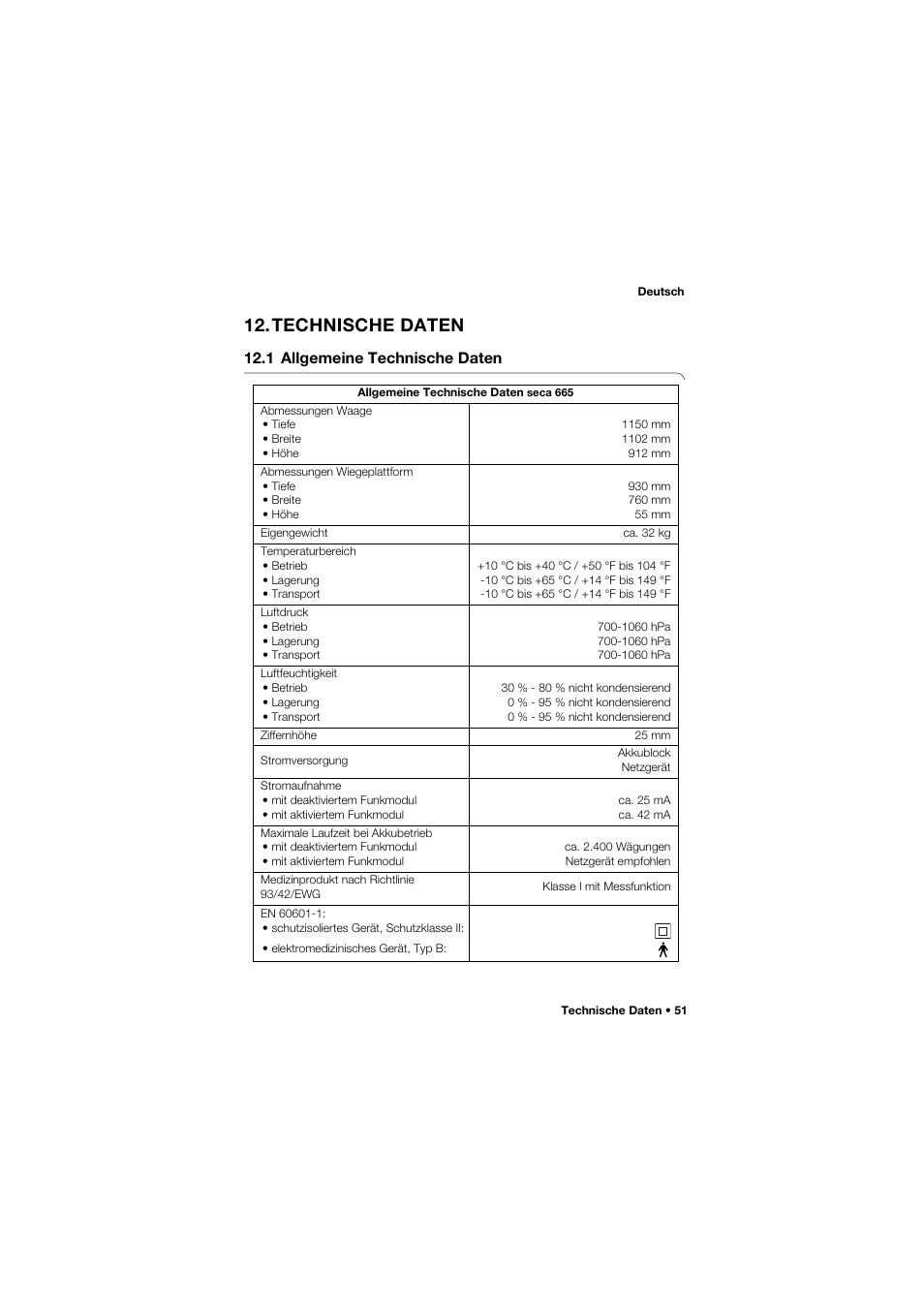 Technische daten, 1 allgemeine technische daten | Seca 665 User Manual | Page 51 / 377