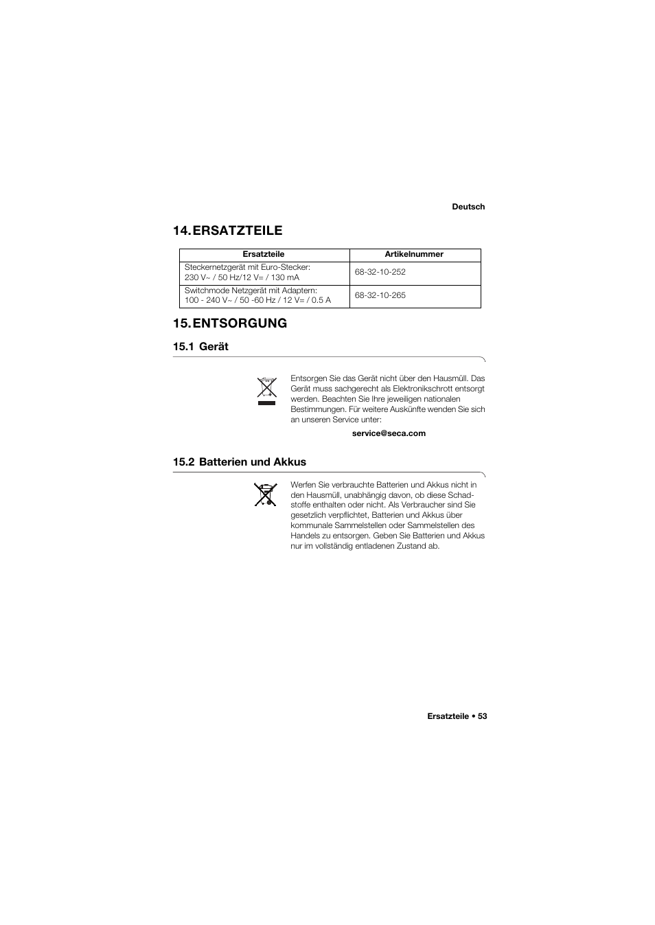 Ersatzteile, Entsorgung, 1 gerät | 2 batterien und akkus, Ersatzteile 15.entsorgung | Seca 665 User Manual | Page 53 / 377