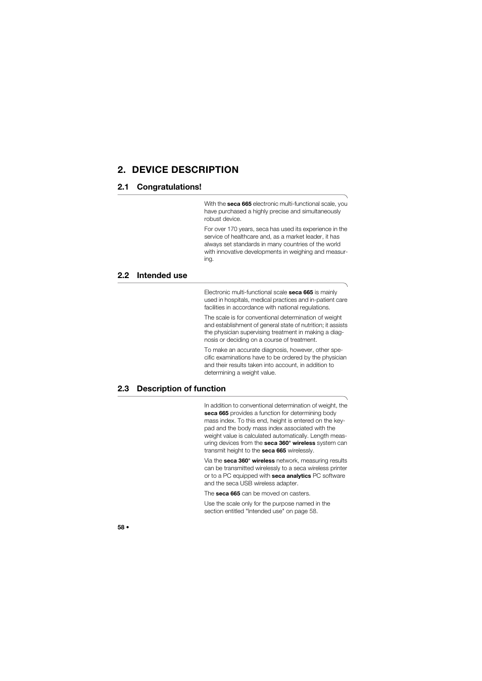 Device description, 1 congratulations, 2 intended use | 3 description of function | Seca 665 User Manual | Page 58 / 377