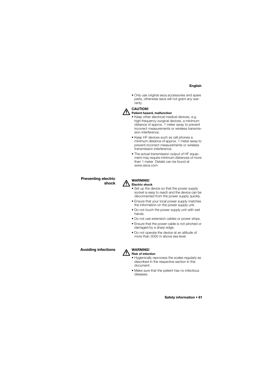 Preventing electric shock, Avoiding infections | Seca 665 User Manual | Page 61 / 377