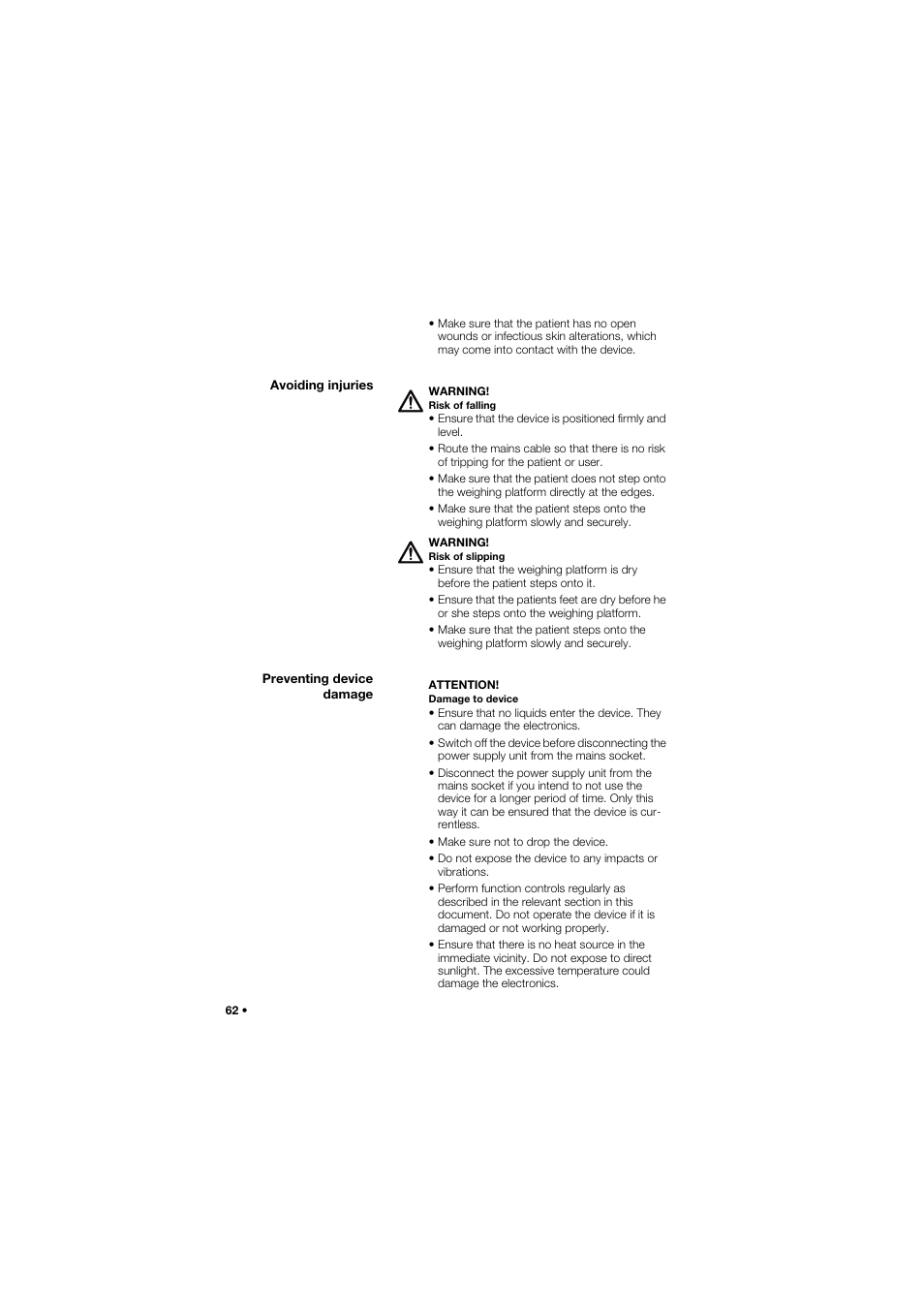 Avoiding injuries, Preventing device damage | Seca 665 User Manual | Page 62 / 377