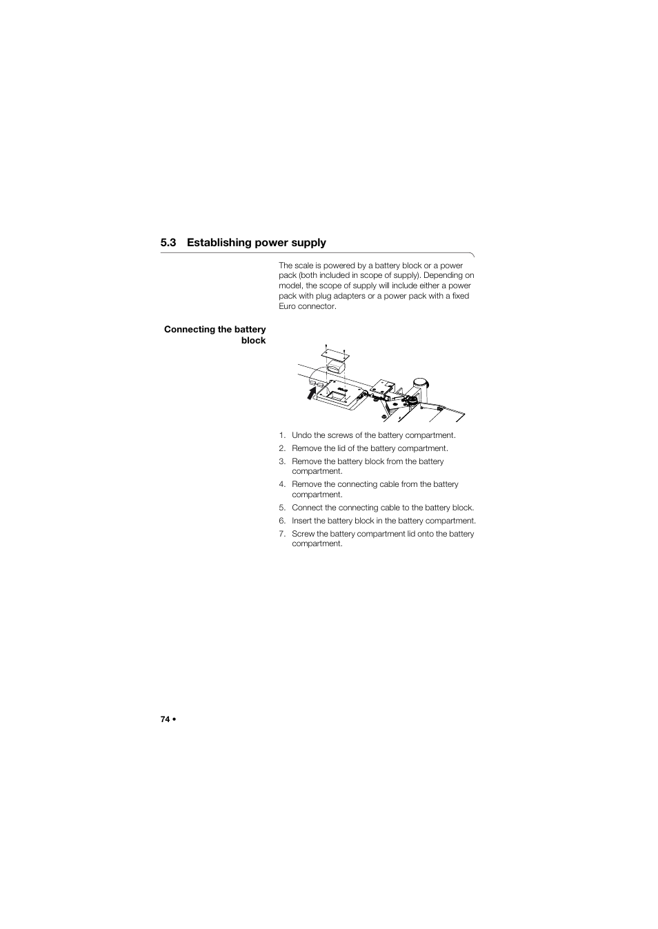 3 establishing power supply, Connecting the battery block | Seca 665 User Manual | Page 74 / 377