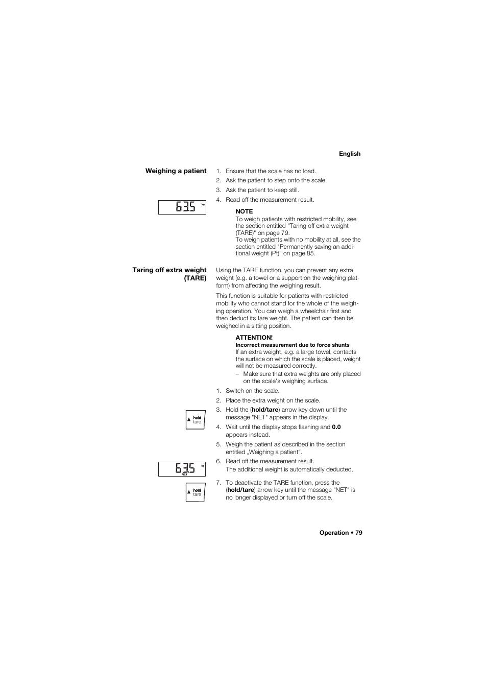 Weighing a patient, Taring off extra weight (tare) | Seca 665 User Manual | Page 79 / 377