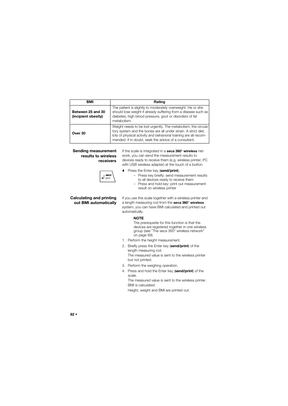 Sending measurement results to wireless receivers, Calculating and printing out bmi automatically | Seca 665 User Manual | Page 82 / 377