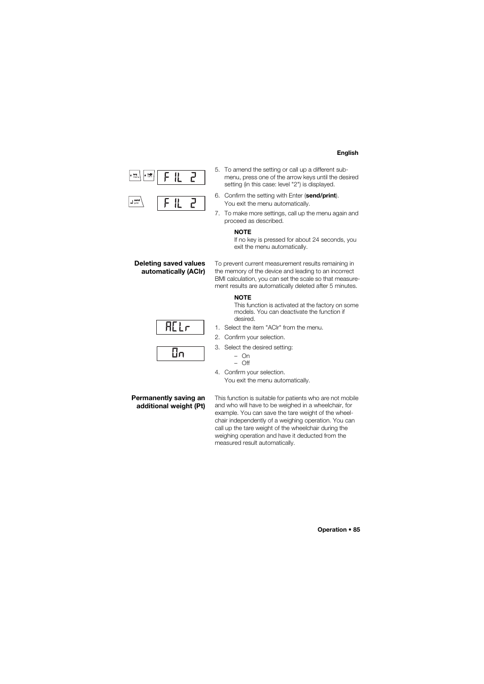 Deleting saved values automatically (aclr), Permanently saving an additional weight (pt) | Seca 665 User Manual | Page 85 / 377