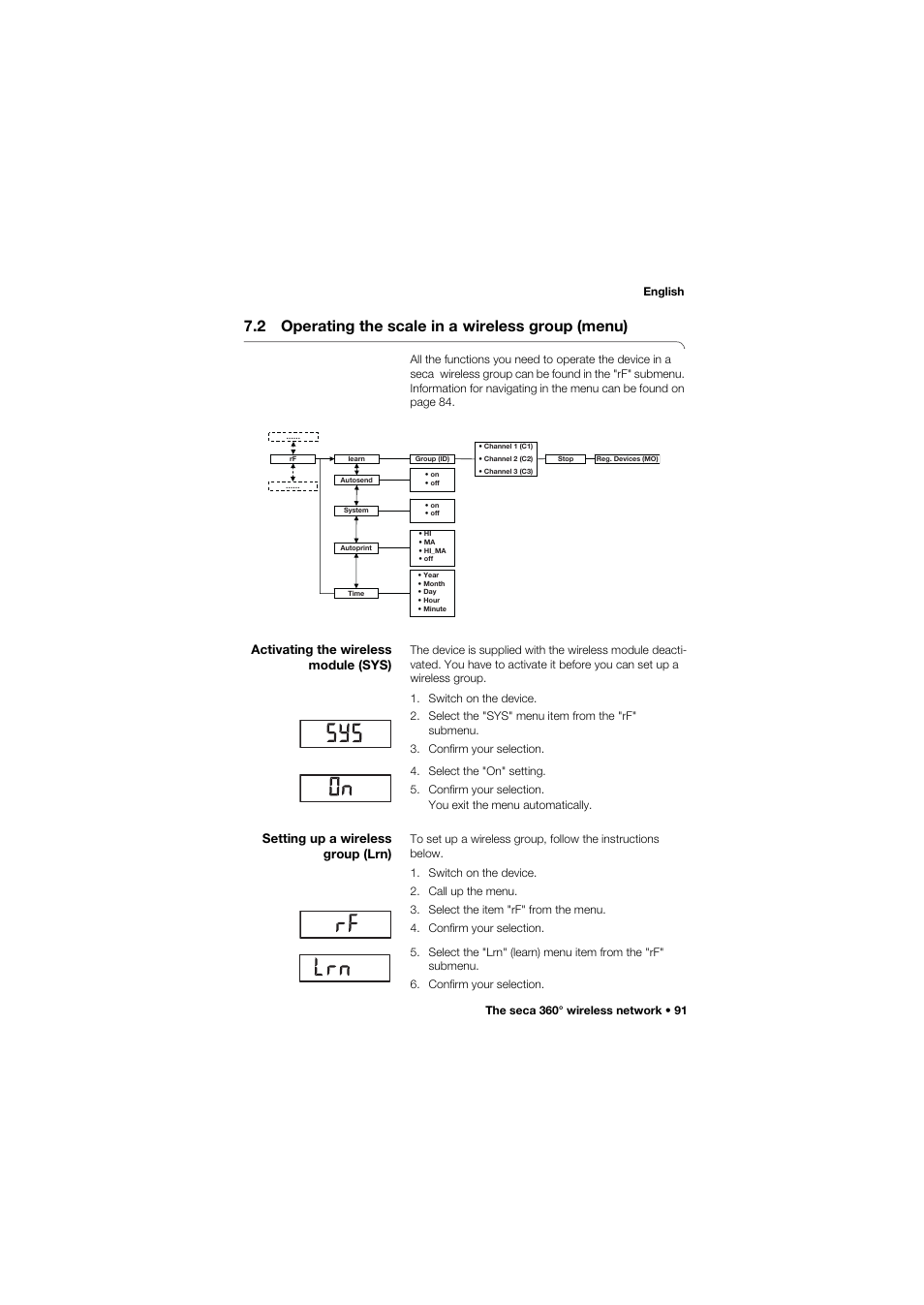 2 operating the scale in a wireless group (menu), Activating the wireless module (sys), Setting up a wireless group (lrn) | 2 operating the scale in a, Wireless group (menu) | Seca 665 User Manual | Page 91 / 377