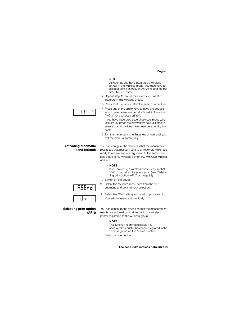 Activating automatic send (asend), Selecting print option (aprt) | Seca 665 User Manual | Page 93 / 377