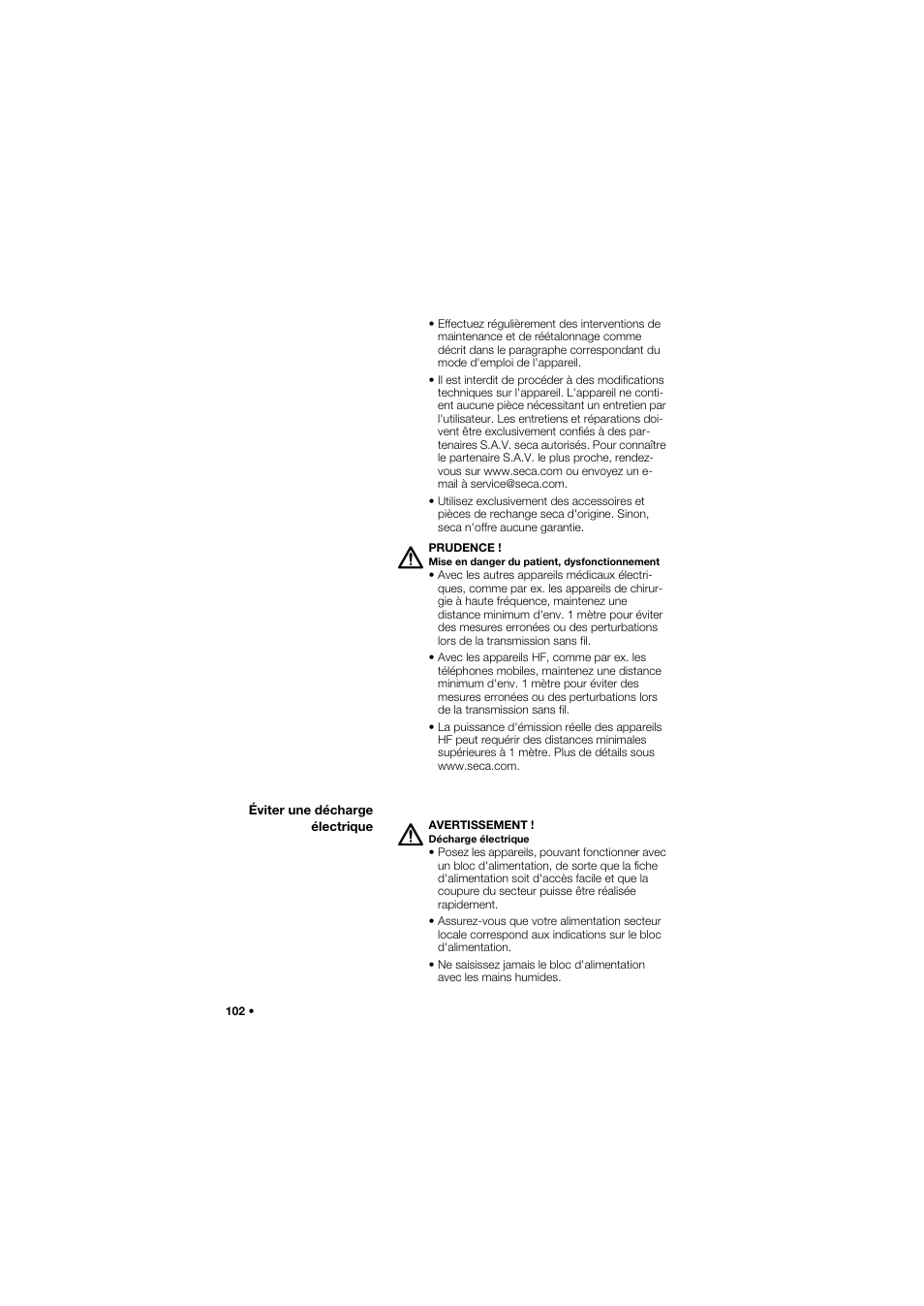 Éviter une décharge électrique | Seca 677 User Manual | Page 102 / 337