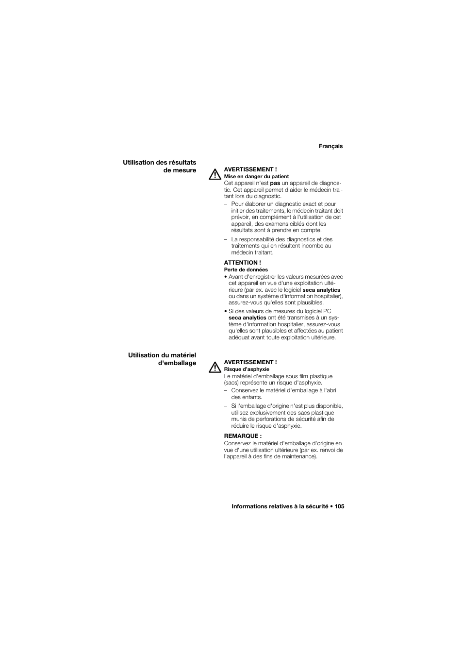 Utilisation des résultats de mesure, Utilisation du matériel d'emballage | Seca 677 User Manual | Page 105 / 337