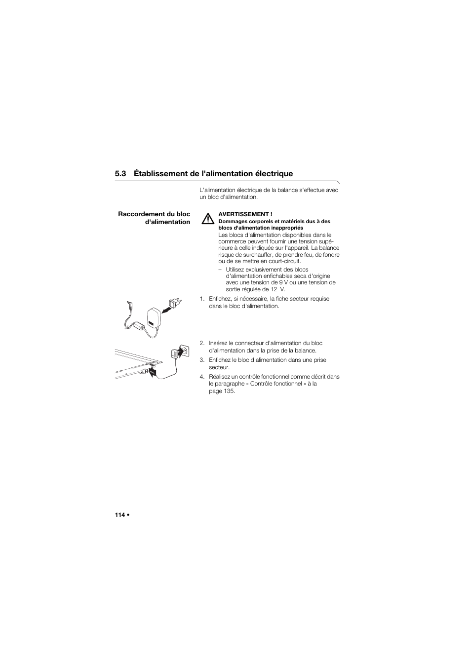 3 établissement de l'alimentation électrique, Raccordement du bloc d'alimentation | Seca 677 User Manual | Page 114 / 337