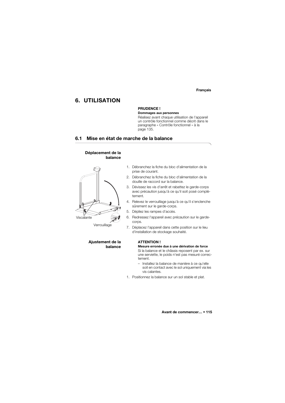 Utilisation, 1 mise en état de marche de la balance, Déplacement de la balance | Ajustement de la balance | Seca 677 User Manual | Page 115 / 337