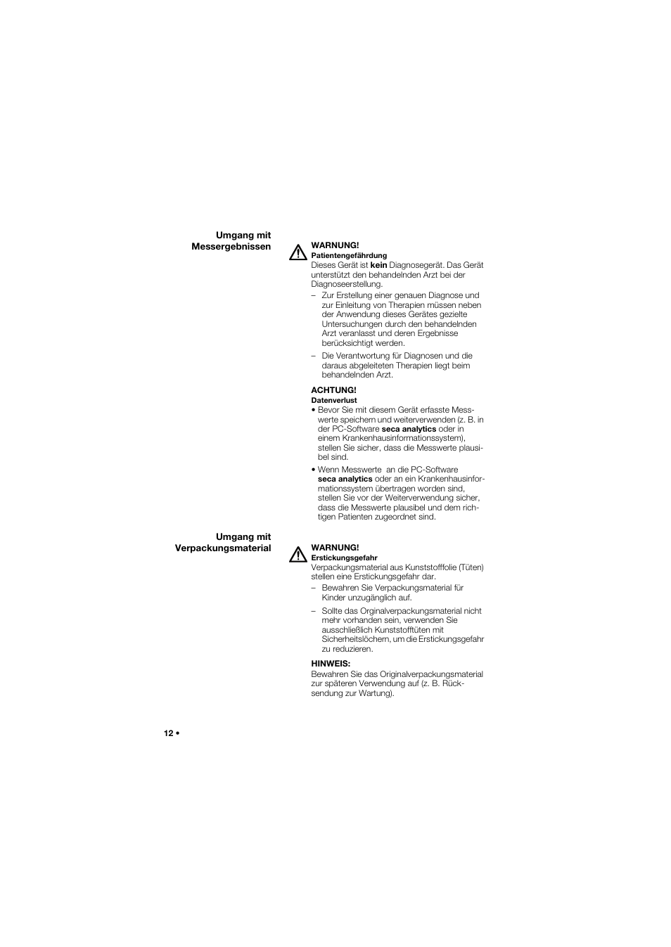 Umgang mit messergebnissen, Umgang mit verpackungsmaterial | Seca 677 User Manual | Page 12 / 337