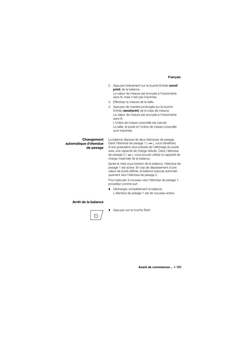 Changement automatique d'étendue de pesage, Arrêt de la balance | Seca 677 User Manual | Page 121 / 337