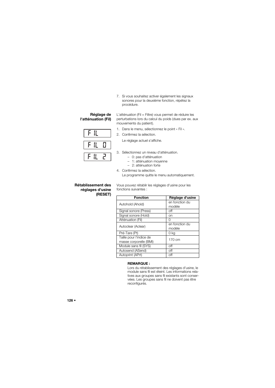 Réglage de l'atténuation (fil), Rétablissement des réglages d'usine (reset) | Seca 677 User Manual | Page 126 / 337