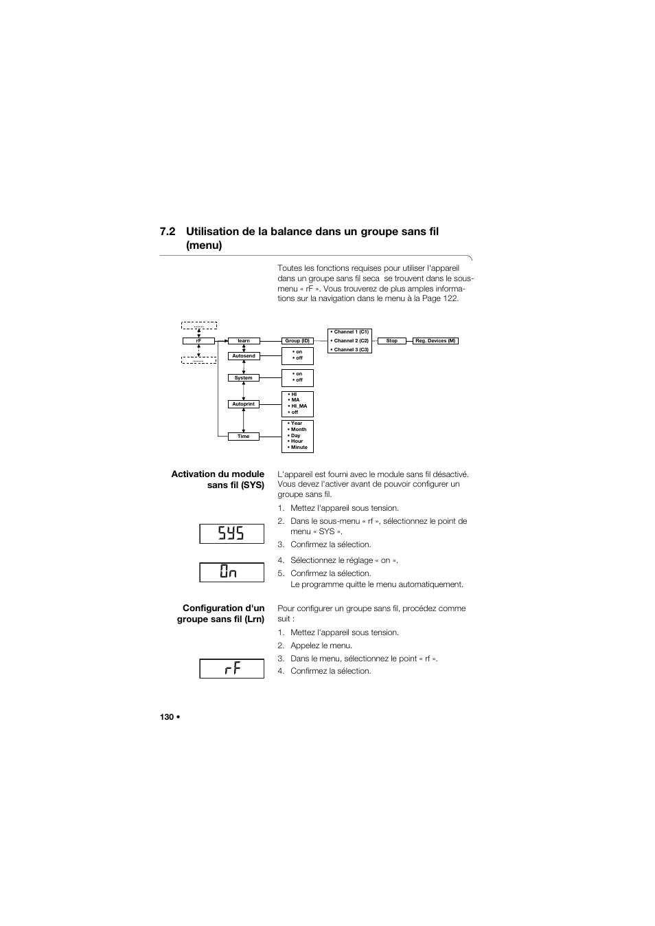 Activation du module sans fil (sys), Configuration d'un groupe sans fil (lrn), 2 utilisation de la balance dans un | Groupe sans fil (menu) | Seca 677 User Manual | Page 130 / 337