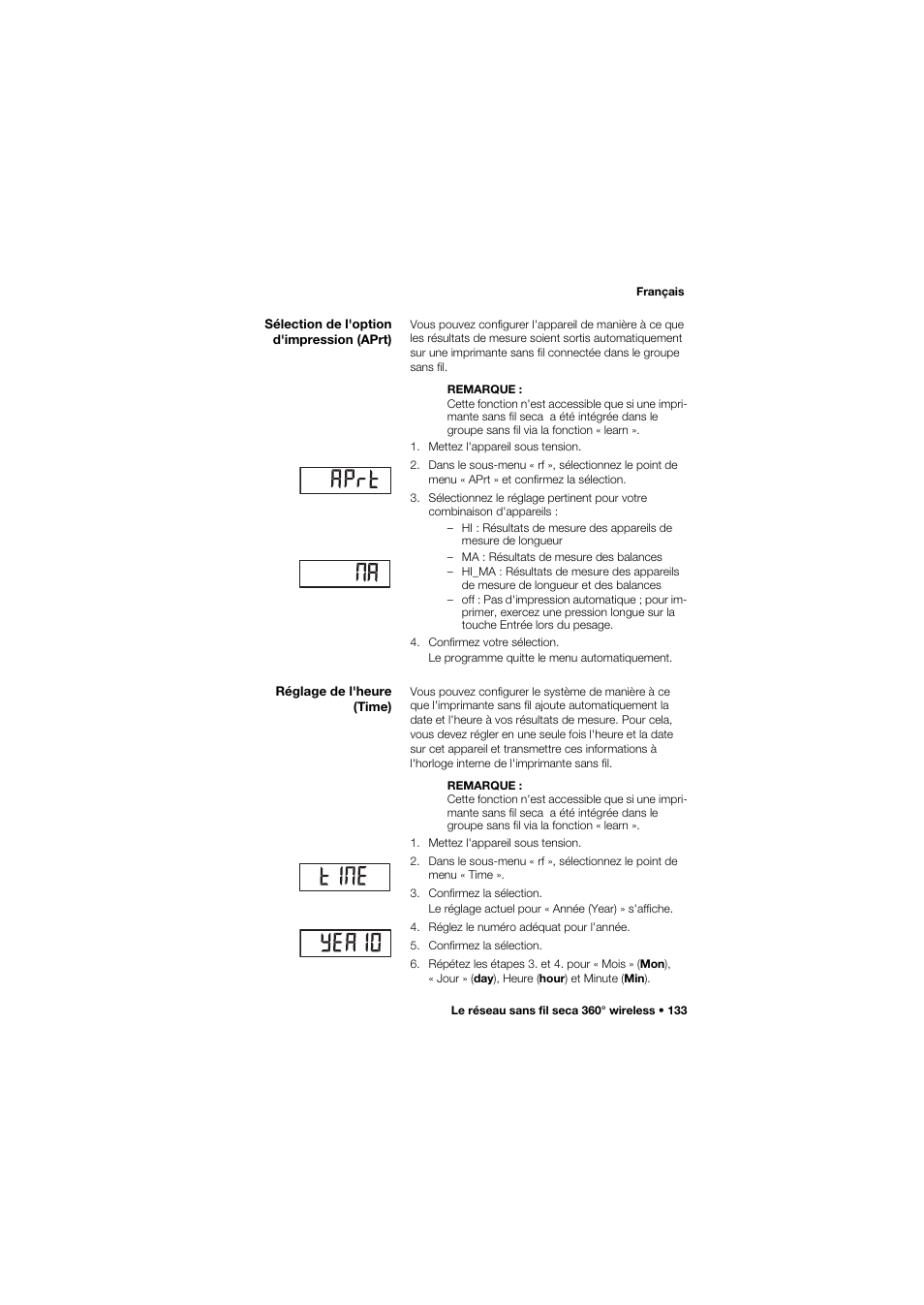 Sélection de l'option d'impression (aprt), Réglage de l'heure (time) | Seca 677 User Manual | Page 133 / 337