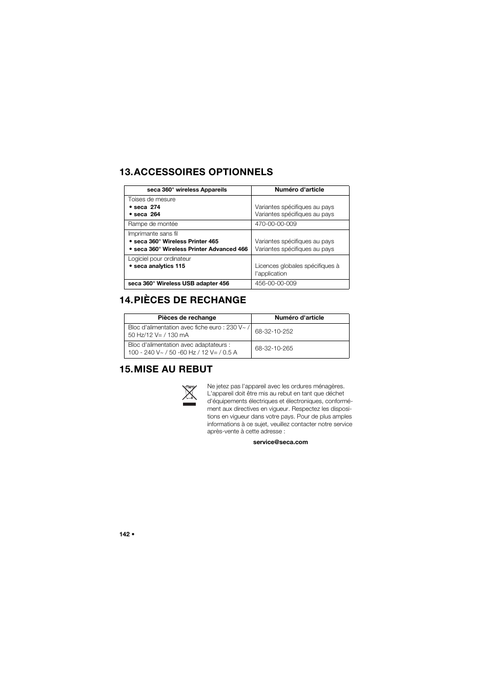 Accessoires optionnels, Pièces de rechange, Mise au rebut | Seca 677 User Manual | Page 142 / 337