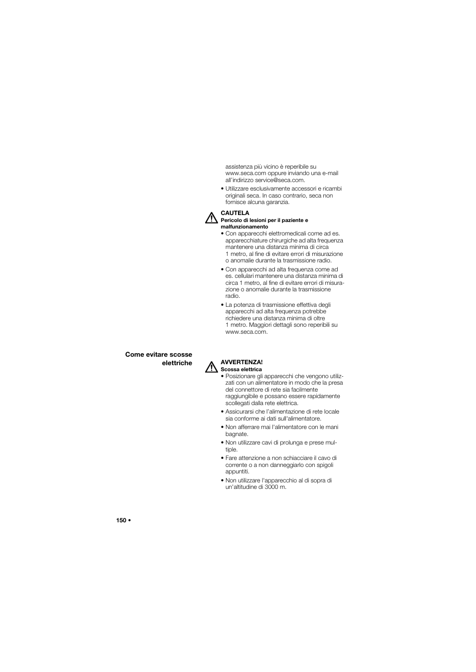 Come evitare scosse elettriche | Seca 677 User Manual | Page 150 / 337