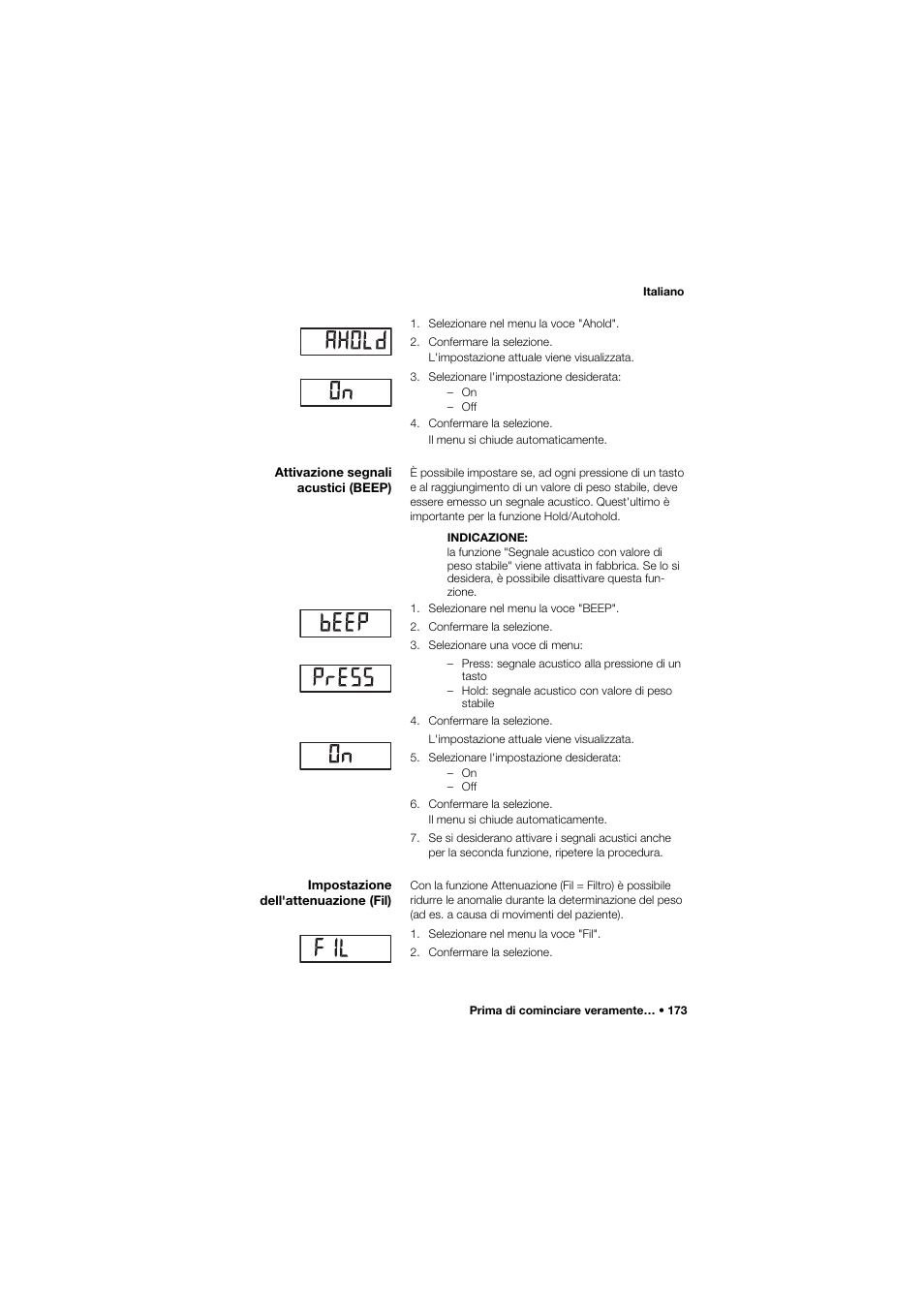 Attivazione segnali acustici (beep), Impostazione dell'attenuazione (fil) | Seca 677 User Manual | Page 173 / 337