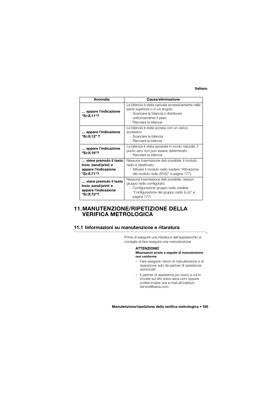 1 informazioni su manutenzione e ritaratura | Seca 677 User Manual | Page 185 / 337