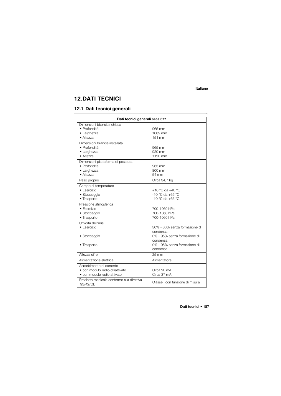 Dati tecnici, 1 dati tecnici generali | Seca 677 User Manual | Page 187 / 337