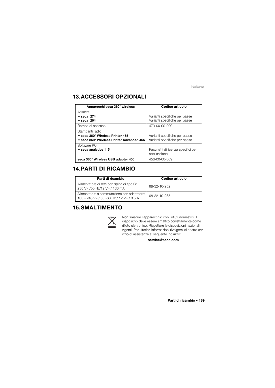 Accessori opzionali, Parti di ricambio, Smaltimento | Seca 677 User Manual | Page 189 / 337