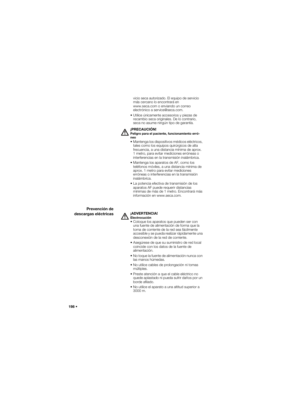 Prevención de descargas eléctricas | Seca 677 User Manual | Page 198 / 337