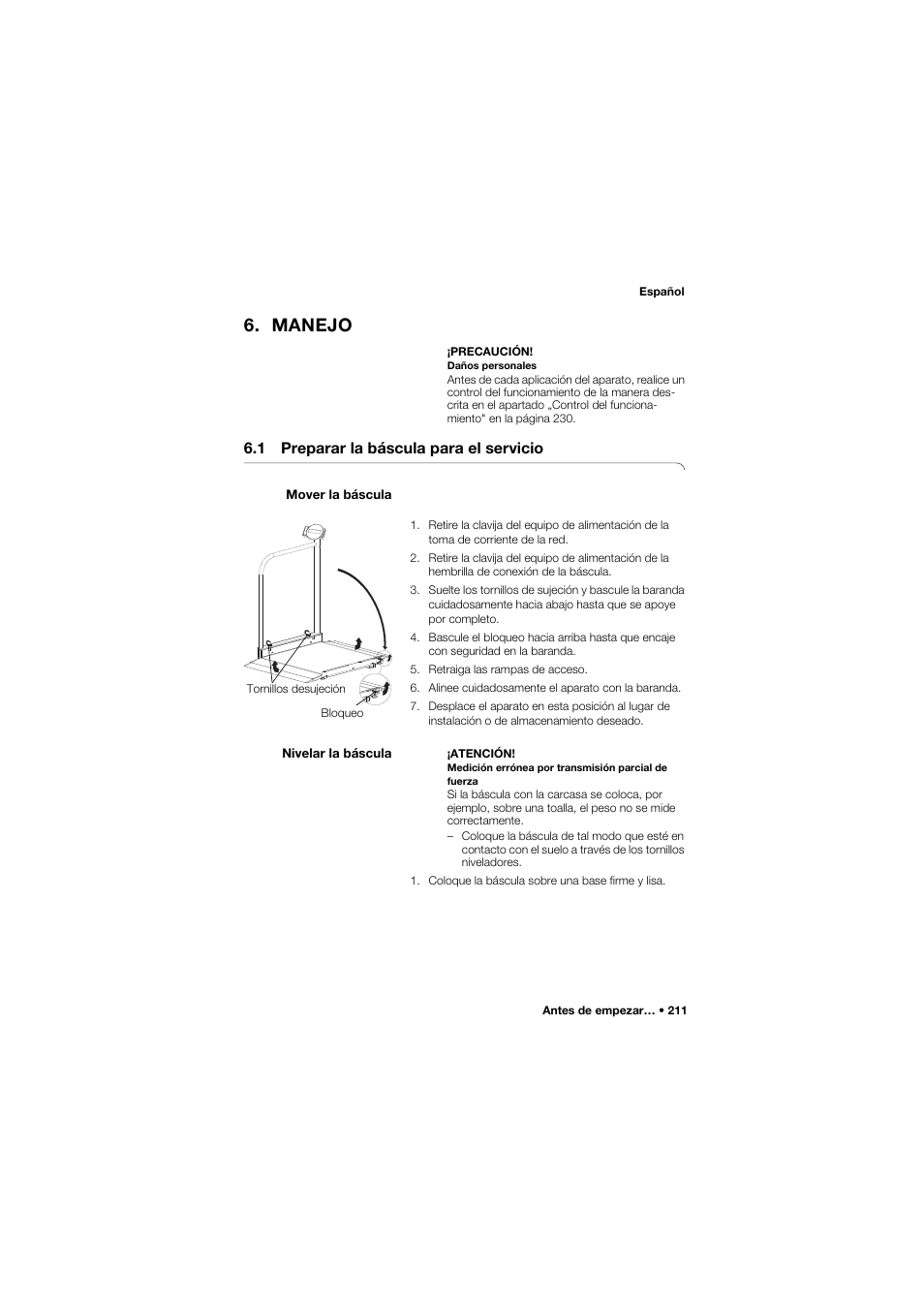 Manejo, 1 preparar la báscula para el servicio, Mover la báscula | Nivelar la báscula | Seca 677 User Manual | Page 211 / 337