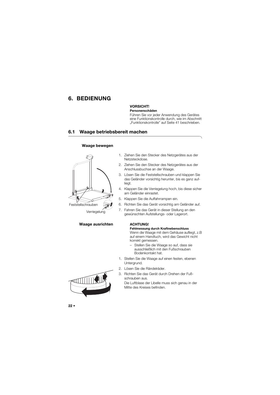 Bedienung, 1 waage betriebsbereit machen, Waage bewegen | Waage ausrichten | Seca 677 User Manual | Page 22 / 337