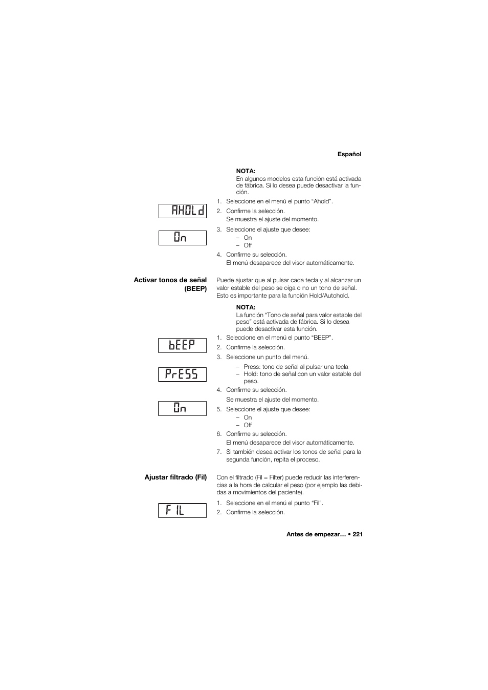 Activar tonos de señal (beep), Ajustar filtrado (fil) | Seca 677 User Manual | Page 221 / 337