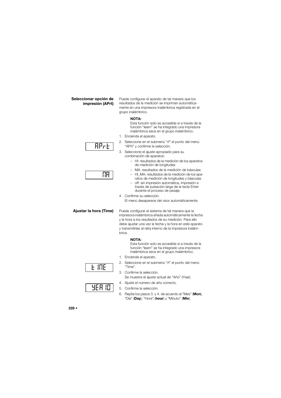 Seleccionar opción de impresión (aprt), Ajustar la hora (time) | Seca 677 User Manual | Page 228 / 337