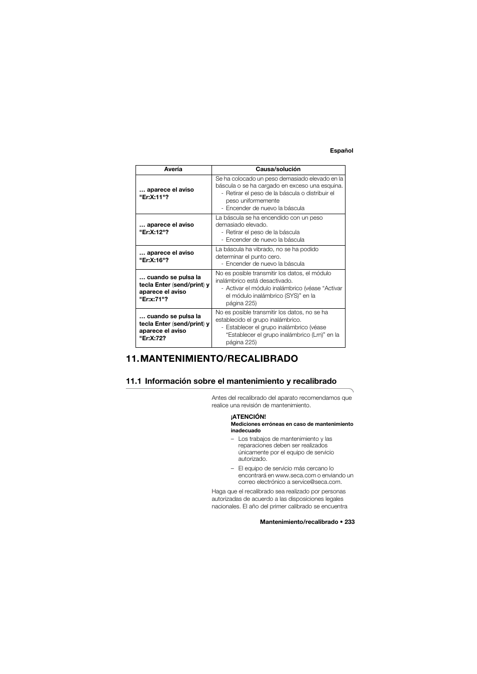 Mantenimiento/recalibrado, 1 información sobre el mantenimiento y recalibrado | Seca 677 User Manual | Page 233 / 337