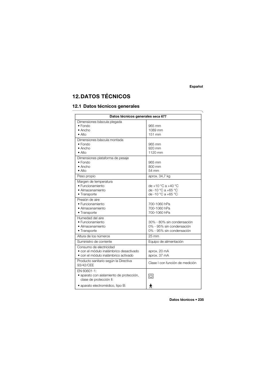 Datos técnicos, 1 datos técnicos generales | Seca 677 User Manual | Page 235 / 337