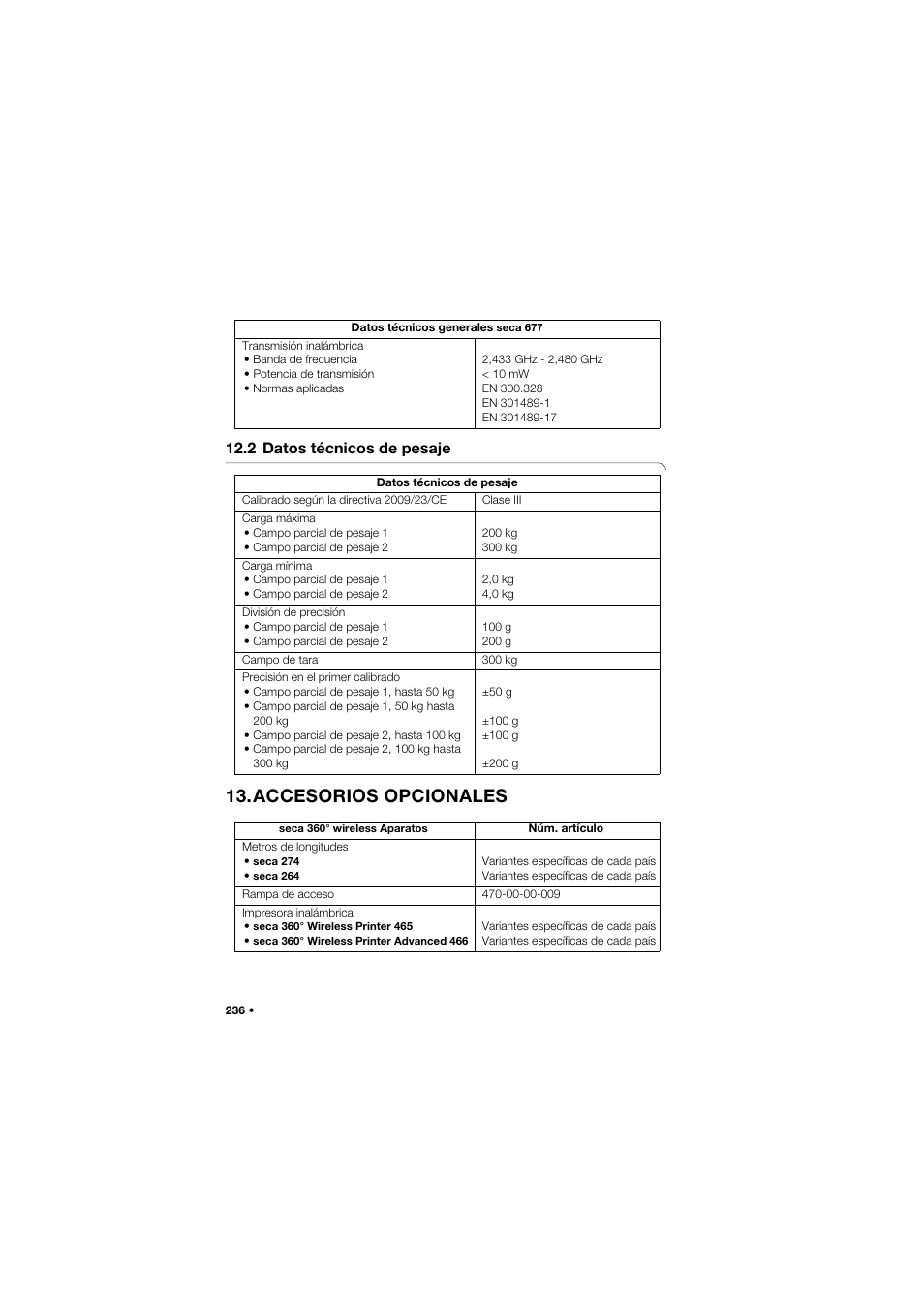 2 datos técnicos de pesaje, Accesorios opcionales | Seca 677 User Manual | Page 236 / 337