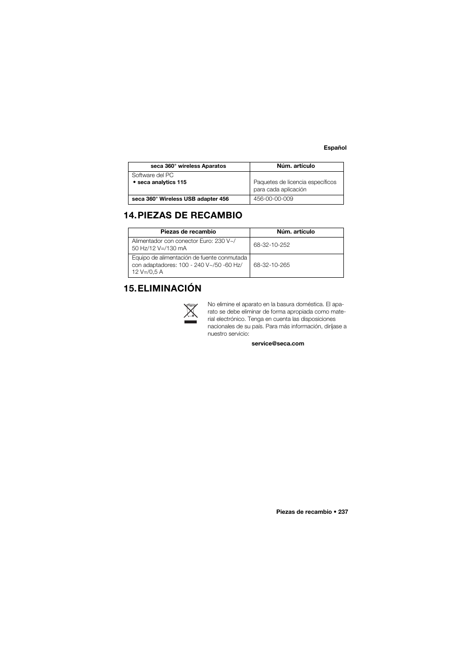 Piezas de recambio, Eliminación, Piezas de recambio 15.eliminación | Seca 677 User Manual | Page 237 / 337