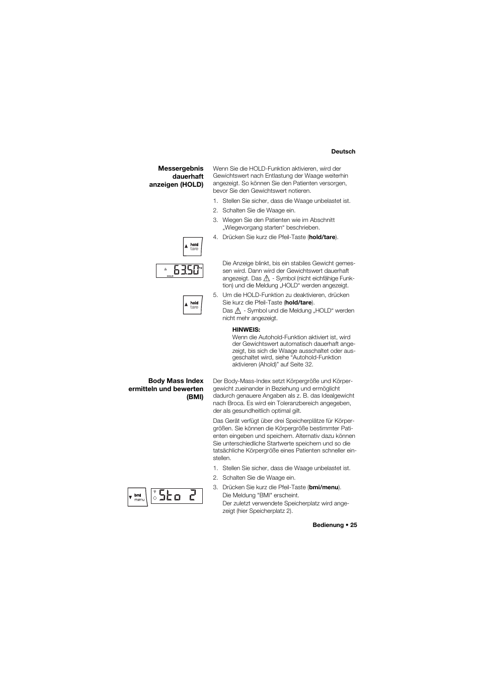 Messergebnis dauerhaft anzeigen (hold), Body mass index ermitteln und bewerten (bmi) | Seca 677 User Manual | Page 25 / 337