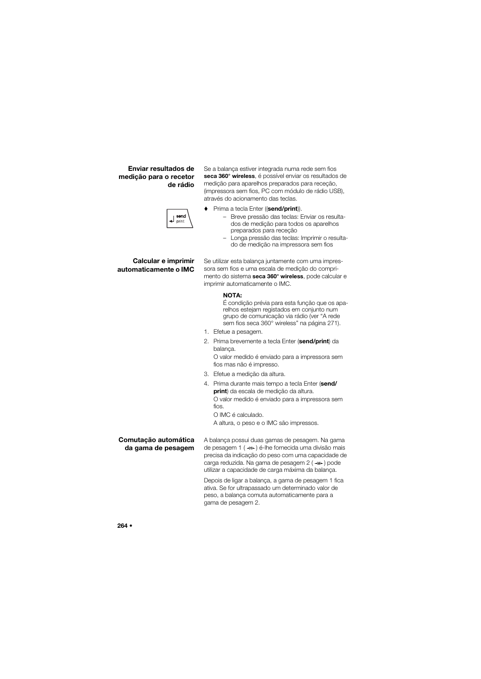 Calcular e imprimir automaticamente o imc, Comutação automática da gama de pesagem | Seca 677 User Manual | Page 264 / 337