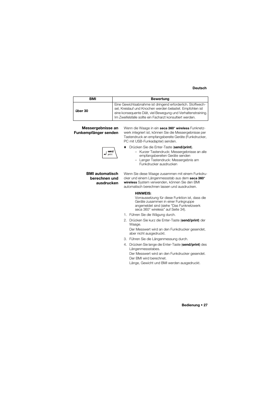 Messergebnisse an funkempfänger senden, Bmi automatisch berechnen und ausdrucken | Seca 677 User Manual | Page 27 / 337