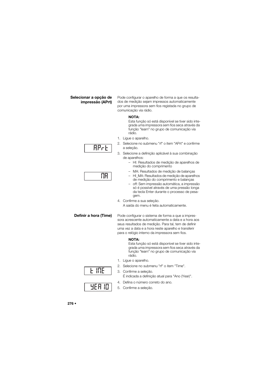 Selecionar a opção de impressão (aprt), Definir a hora (time) | Seca 677 User Manual | Page 276 / 337