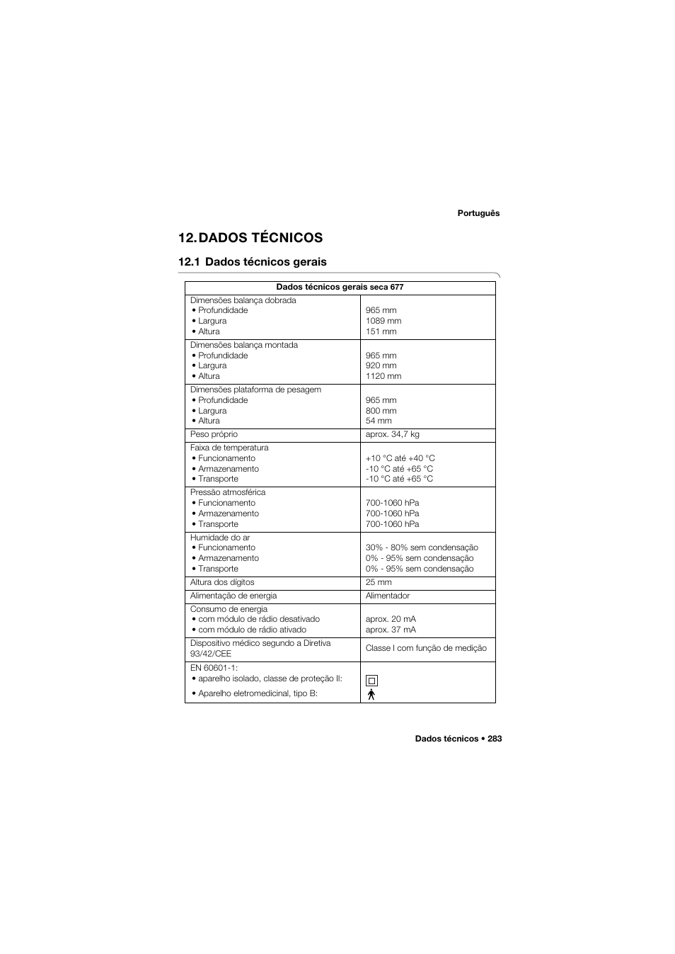 Dados técnicos, 1 dados técnicos gerais | Seca 677 User Manual | Page 283 / 337