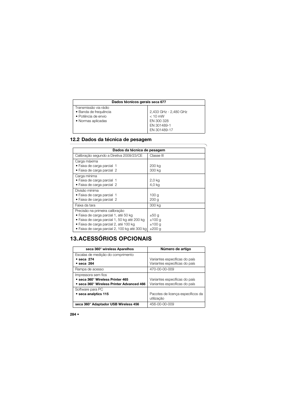 2 dados da técnica de pesagem, Acessórios opcionais | Seca 677 User Manual | Page 284 / 337