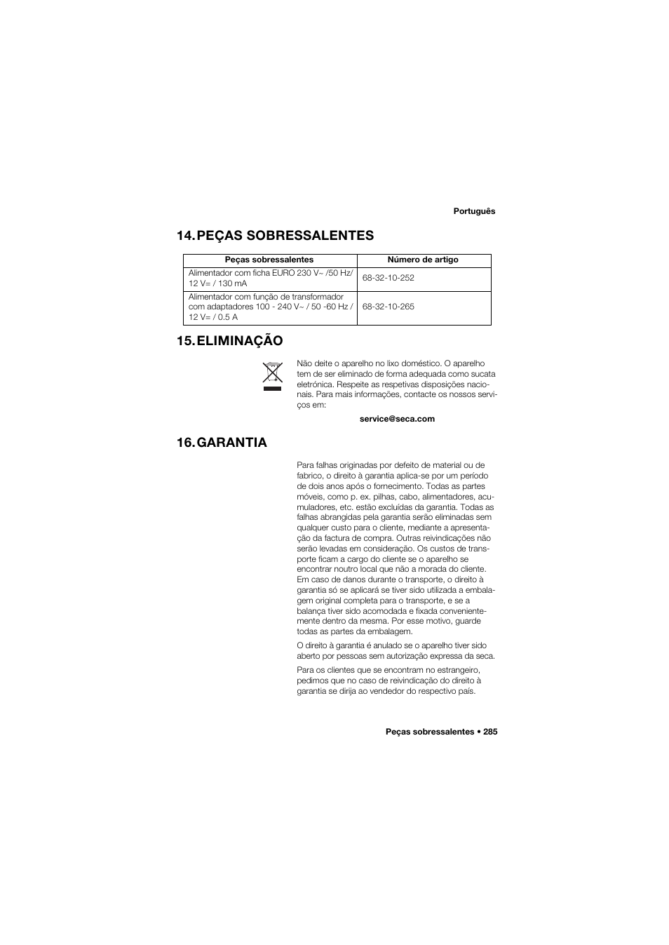 Peças sobressalentes, Eliminação, Garantia | Peças sobressalentes 15.eliminação | Seca 677 User Manual | Page 285 / 337