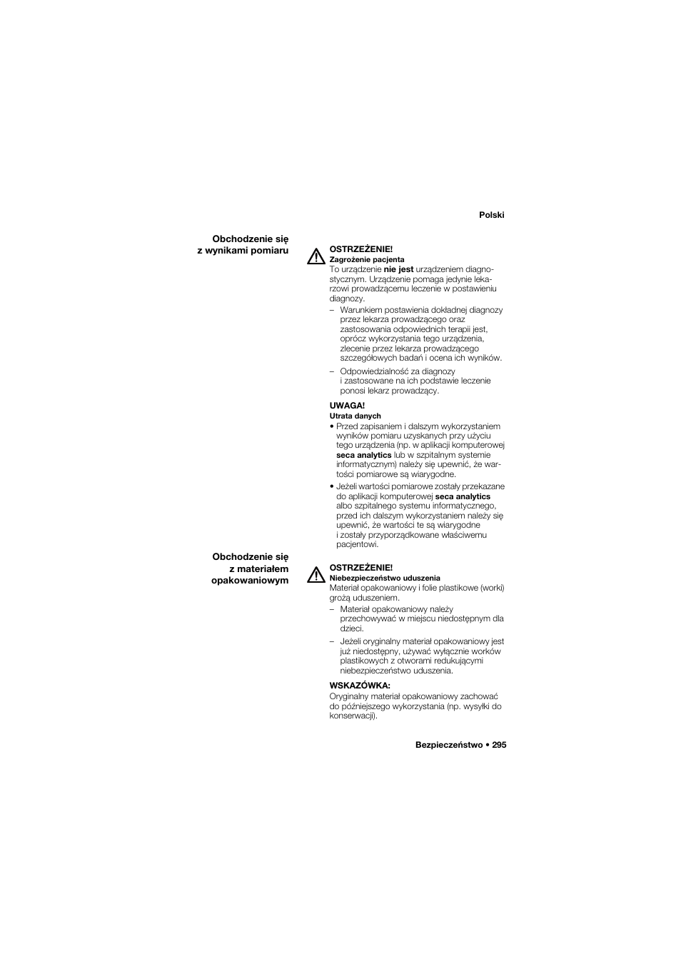 Obchodzenie się z wynikami pomiaru, Obchodzenie się z materiałem opakowaniowym | Seca 677 User Manual | Page 295 / 337