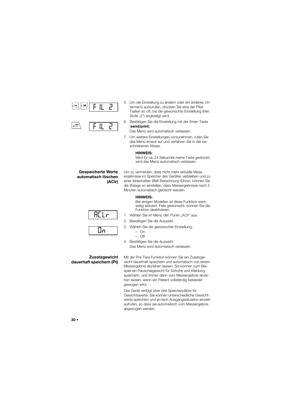 Gespeicherte werte automatisch löschen (aclr), Zusatzgewicht dauerhaft speichern (pt) | Seca 677 User Manual | Page 30 / 337