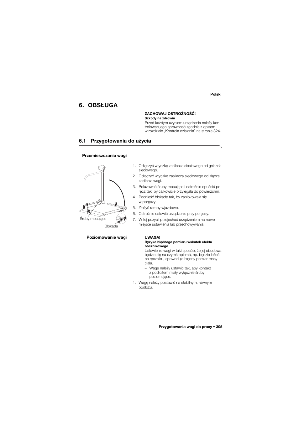 Obsługa, 1 przygotowania do użycia, Przemieszczanie wagi | Poziomowanie wagi | Seca 677 User Manual | Page 305 / 337