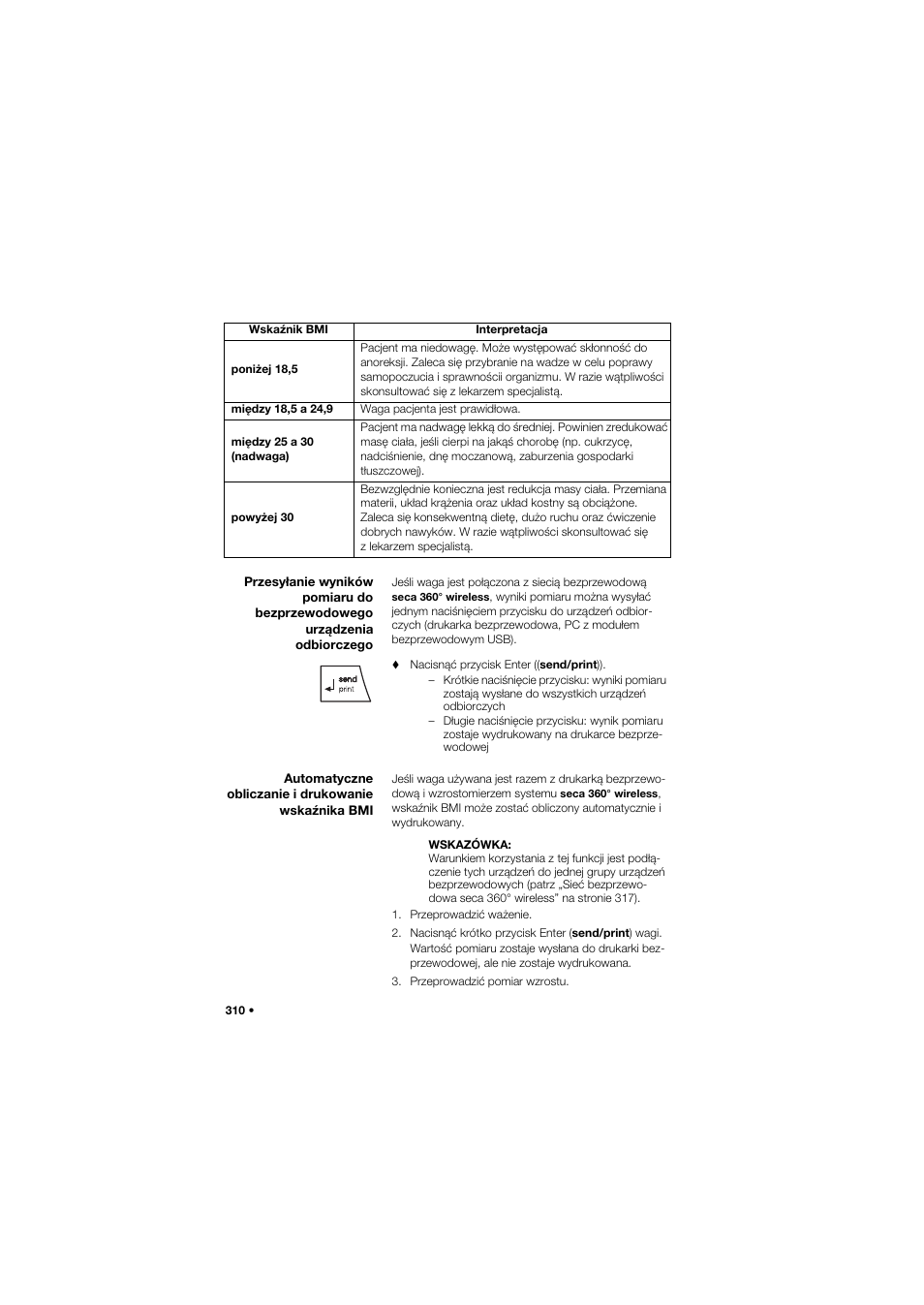 Automatyczne obliczanie i drukowanie wskaźnika bmi | Seca 677 User Manual | Page 310 / 337